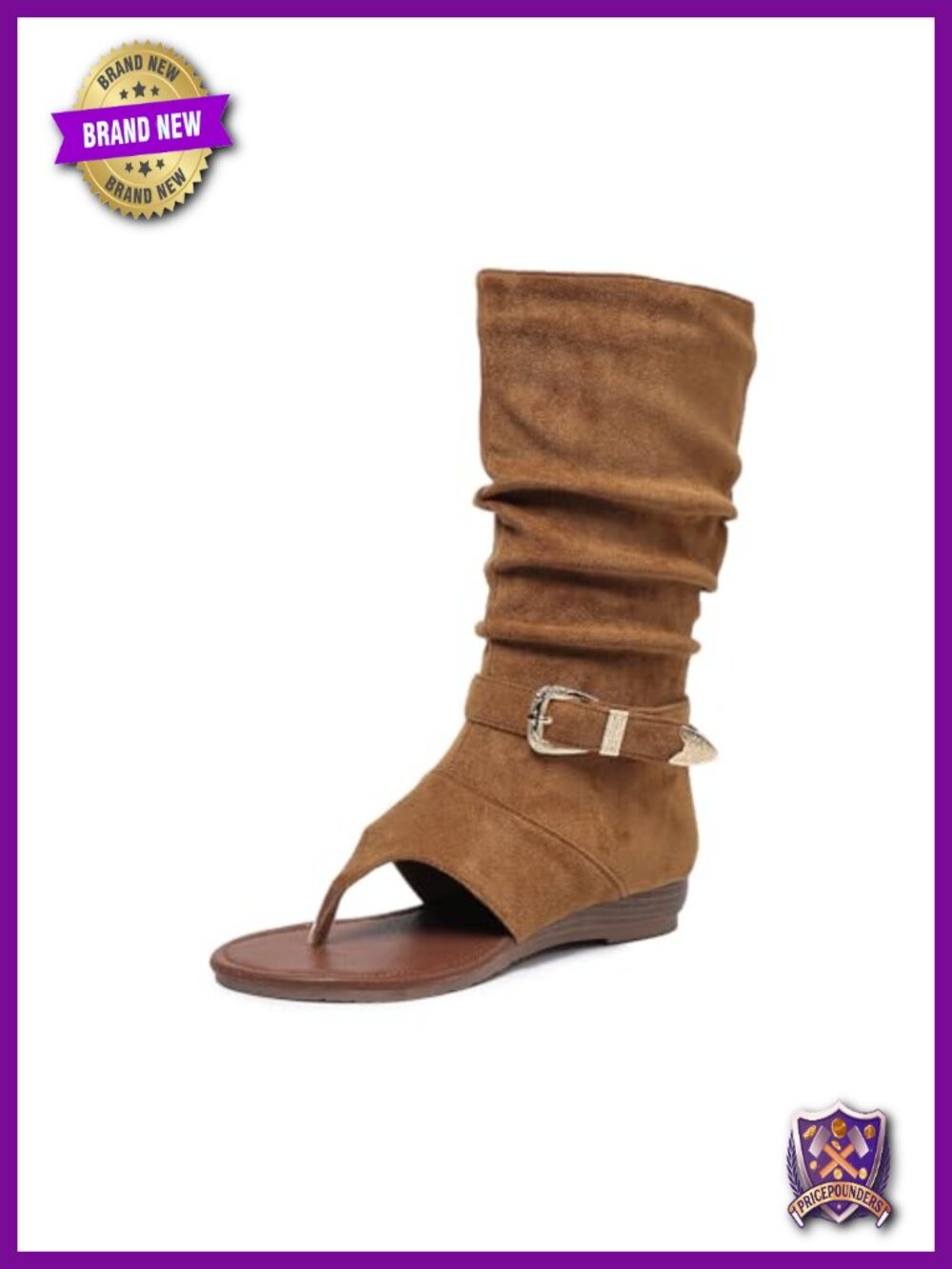 Faux Suede Pleated Wedge Heel Mid Calf Sandal Boots with Belt Buckle Open Toe